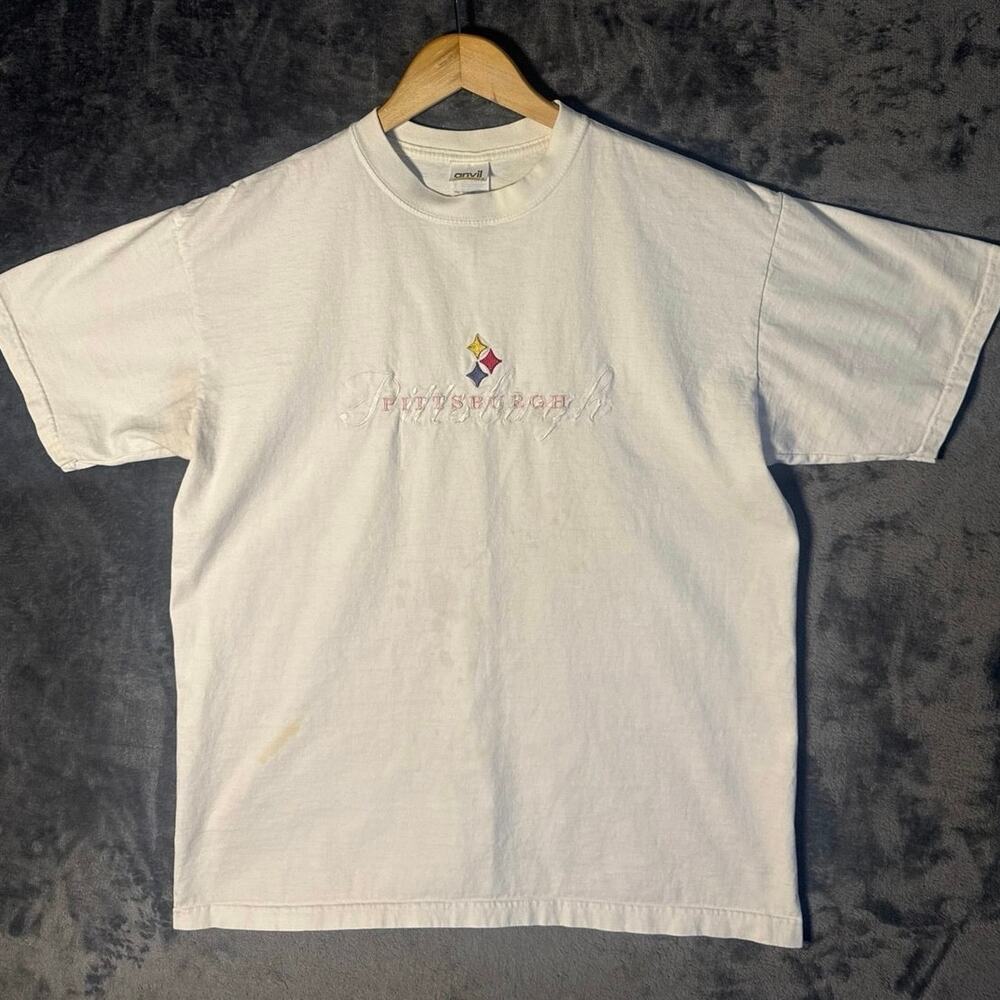 Vtg 90s Y2K Pittsburgh Steelers Embroidered T Shirt White Anvil Tee Size LRG